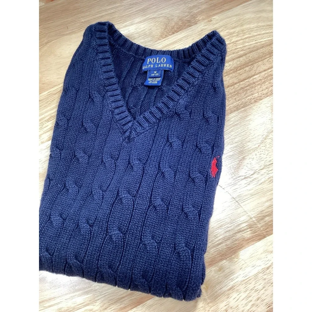 Boys POLO‎ Ralph Lauren Cable Knit V Neck Sweater Vest Navy Blue 10/12 Medium